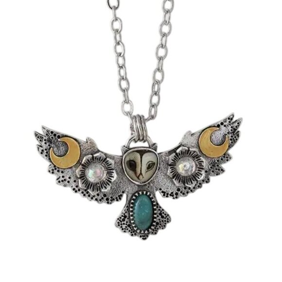 Jewelry - Floral Wiccan Owl Moon Phase Necklace with Crystals